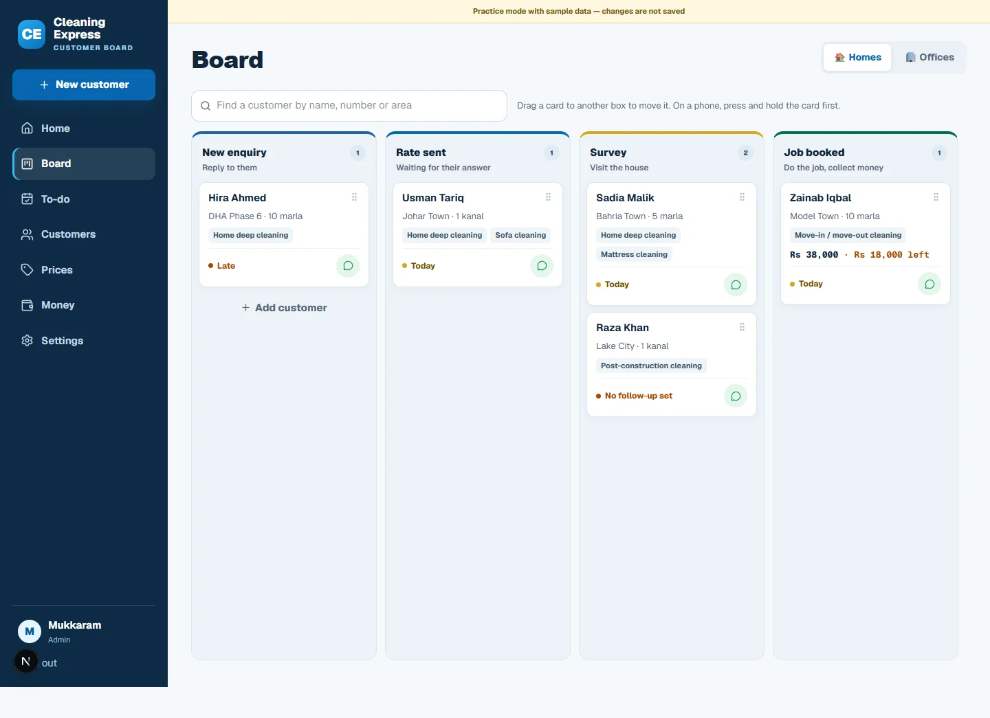 Inquiry-to-job CRM pipeline (sample data)